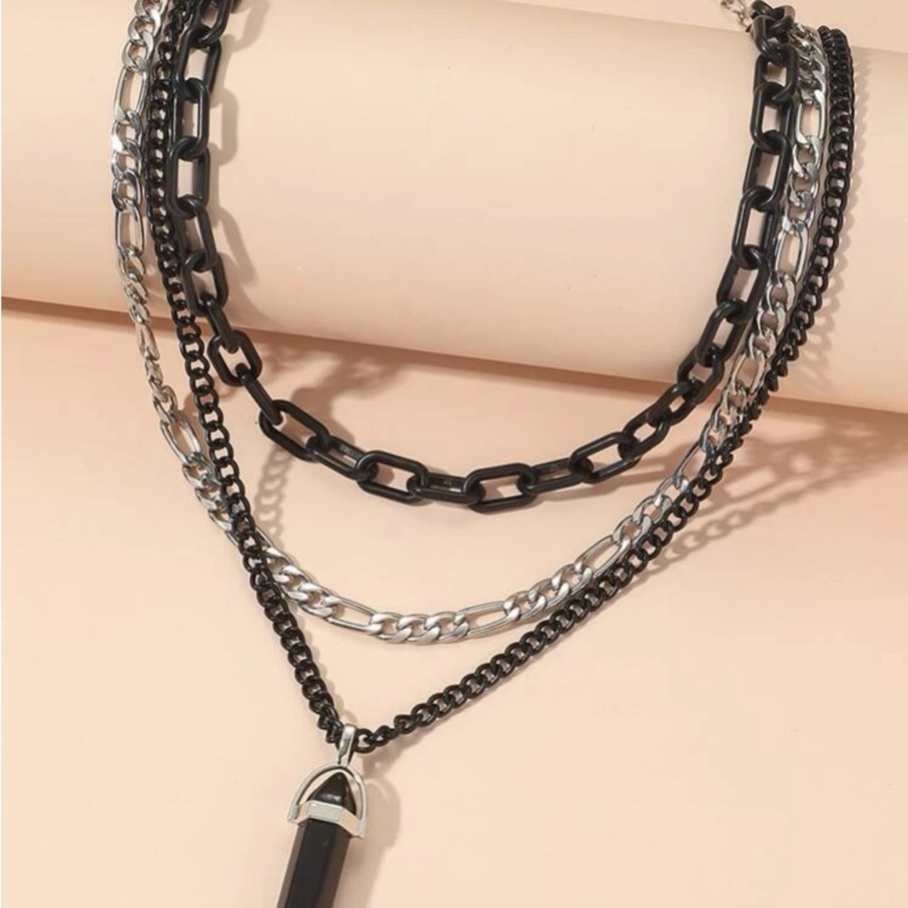 Multilayer Black Metal Chain Stone Snake Pendant Necklace - Picture 2 of 4